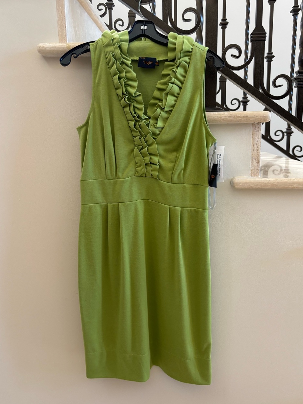 Taylor Lime Green Sleeveless Ruffle V-Neck Sheath Dress